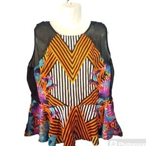 Sleeveless mixed pattern Pelham hem blouse with sheer inserts and back z…